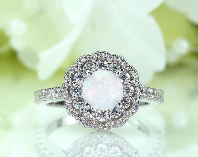 Beautiful Double Halo Lab-Created Opal CZ Ring in Sterling Silver, Anniversary Ring, Promise Ring, Travel Ring | 154
