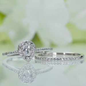 Elegant 0.50 Ct Halo Pear Cubic Zirconia Wedding Ring Set In Sterling Silver, Promise Ring, Engagement Ring, Travel Ring | 143