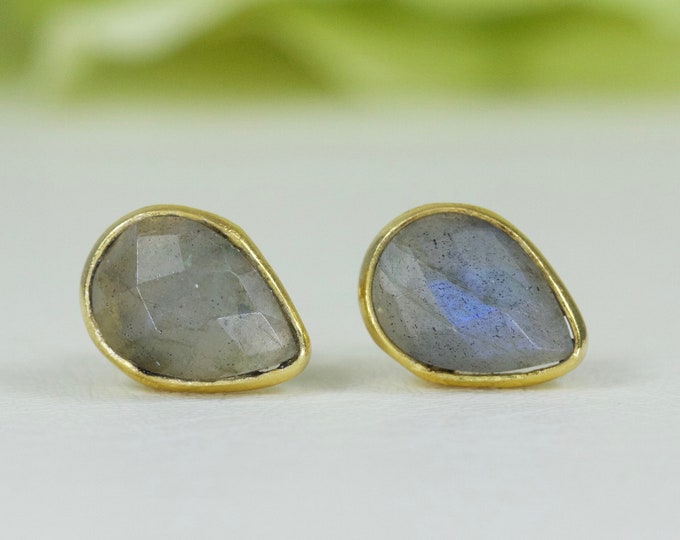 Natural Labradorite Pear Shape Checkerboard Cut Stud Earrings In Gold-Plated Sterling Silver, Birthday Gift, Thank You Gift, Travel Jewelry