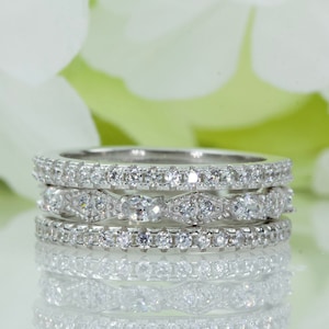 Three Rows French Pavé & Micropavé Art Deco Band CZ Eternity Wedding Band Set In Sterling Silver, Travel Ring, Anniversary Ring | DB109-106