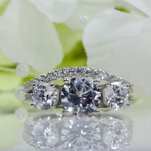 Classic Three-Stone 2.25 Ct Round Cubic Zirconia Engagement Ring Set In Sterling Silver, Travel Ring, Anniversary Ring | 169