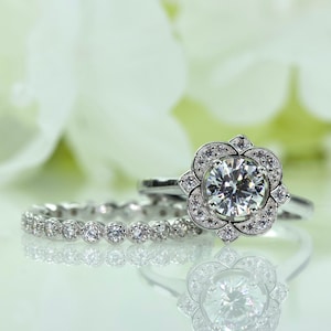 Floral Vintage Style With Bezel Eternity Band Fine CZ In Sterling Silver, Promise Ring, Engagement Ring, Travel Ring | 145-098
