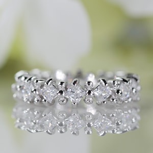 1.50 Ct Square Princess Eternity Band Cubic Zirconia In Sterling Silver, Wedding Band, Promise Ring, Travel Ring, Anniversary Ring | 027