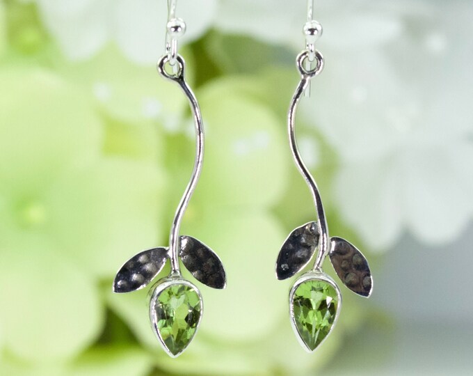Natural Peridot Petite Fleur Dangle Earrings in Sterling Silver, Anniversary Gift, Birthday Gift, Thank You Gift, Travel Jewelry
