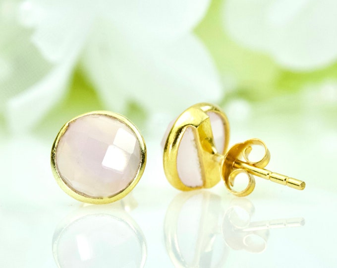 Natural Rose Quartz 8mm Bezel Stud Earrings In Gold-Plated Sterling Silver, Birthday Gift, Anniversary Gift, Thank You Gift, Travel Jewelry