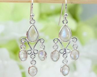 Natuurlijke gloeiende maansteen regendruppels kroonluchter oorbellen in sterling zilver, jubileumcadeau, verjaardagscadeau, bedankcadeau, reissieraden