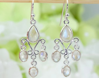 Natural Glowing Moonstone Raindrops Chandelier Earrings in Sterling Silver, Anniversary Gift, Birthday Gift, Thank You Gift, Travel Jewelry