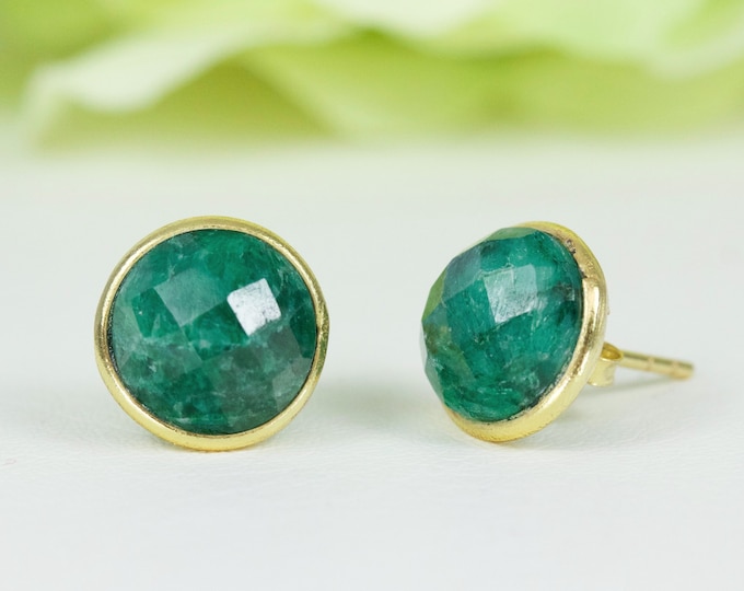 Natural Row Emerald 10MM Bezel Stud Earrings In Gold-Plated Sterling Silver, Birthday Gift, Anniversary Gift, Thank You Gift, Travel Jewelry