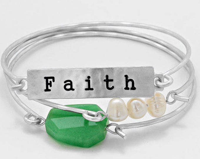 Beautiful "Faith" Multi-Layers Matte-Finish (Freshwater Pearl/Emerald Green) Silver Bangle Bracelets, Thank You Gift, Birthday Gift | B010