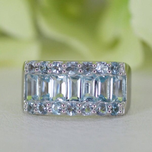 Clearance — Natural Blue Topaz Wide Band Cocktail Ring in Sterling Silver, Anniversary Ring, Birthday Gift, Thank You Gift | CLE021