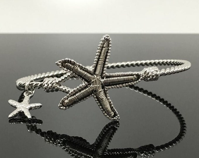 Sea Life Starfish Twisted Silver Hook Bangle Bracelet, Silver-Plated Hook, Thank You, Birthday Gift, Graduations Gift, Travel Jewelry | B014