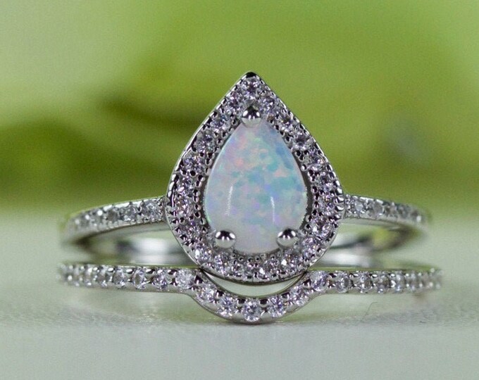 Halo Micropavé Pear Cabochon Lab-Created Opal Engagement Ring Set in Sterling Silver, Promise Ring, Travel Ring, Anniversary Ring | 035-002