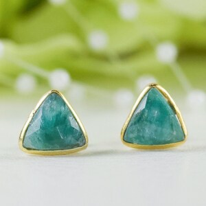Natural Row Emerald Triangle Checkerboard Cut Gold-Plated Stud Earrings Sterling Silver, Birthday Gift, Anniversary Gift, Thank You Gift