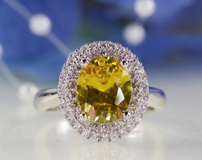 Beautiful 3.00 Ct Oval Vivid Yellow Cubic Zirconia Ring In Sterling Silver, Engagement Ring, Promise Ring, Anniversary Ring | 089