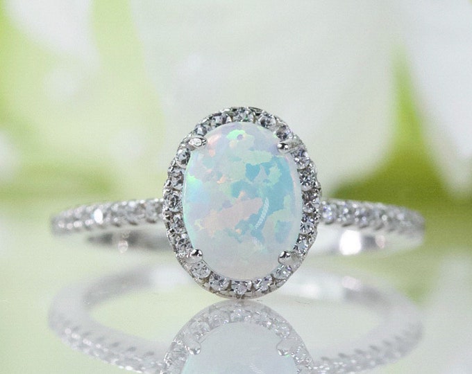 Halo Oval Cabochon Lab-Created White Opal Ring in Sterling Silver, Anniversary Ring, Promise Ring, Travel Ring, Engagement Ring | 012