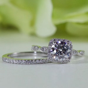 Halo Cushion 1.00 Ct Round & French Pavé Half Eternity Quality Cubic Zirconia Engagement Ring Set In Sterling Silver, Travel Ring | R103-099