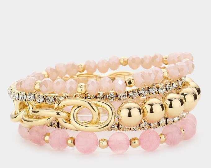 5 Pieces Rose Quartz and Metal Ball Faceted Beaded Gold-Plated Stretch Bracelets, Birthday Gift, Friendship Gift | SB002