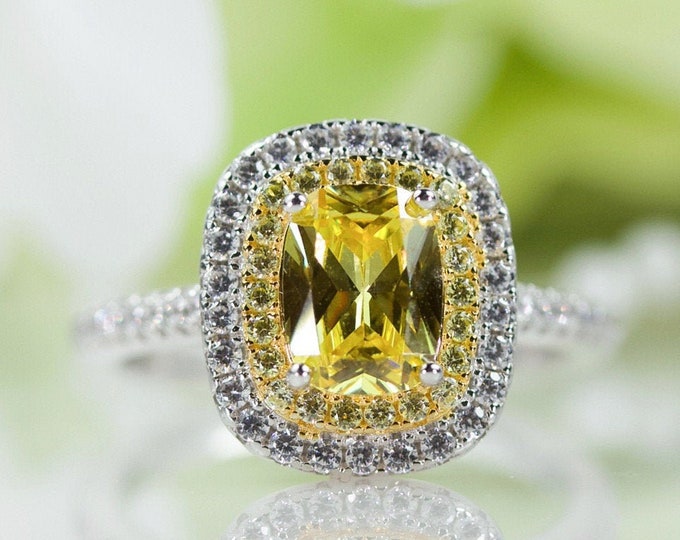 1.50 Ct Cushion Radiant Vivid Yellow Cubic Zirconia Ring In Sterling Silver, Promise Ring, Anniversary Ring, Travel Ring, Engagement Ring
