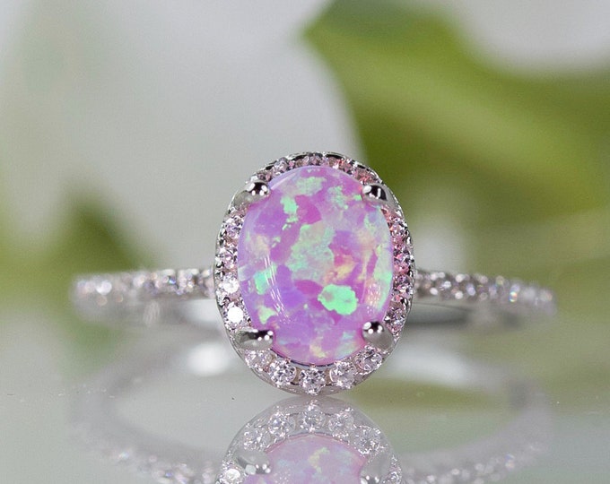 Beautiful Oval Lab-Created Pink Opal Cabochon Halo Ring in Sterling Silver, Anniversary Ring, Travel Ring, Engagement Ring | 054