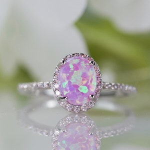 Inventory-Clearance Beautiful Oval Lab-Created Pink Opal Cabochon Halo Ring in Sterling Silver, Anniversary Ring, Travel Ring | 054