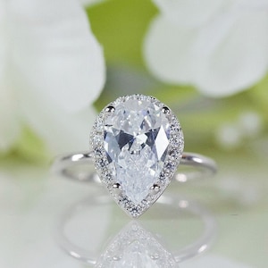 2.00 Ct. Halo Pear Shape Cubic Zirconia In Sterling Silver, Engagement Ring, Promise Ring, Proposal Ring, Travel Ring | 112