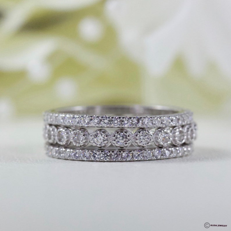 Elegant Three-Row Full Eternity Wedding Band Set Fine Quality Cubic Zirconia Wedding Band Set In Sterling Silver Anniversary Ring