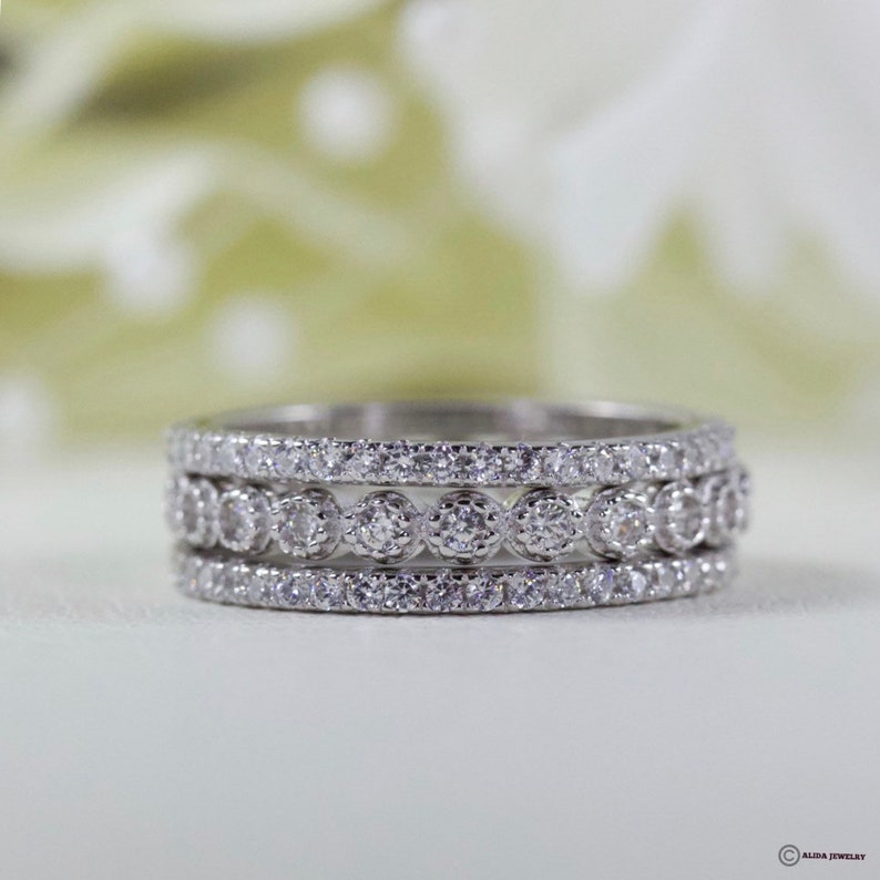 Elegant Three-Row Full Eternity Wedding Band Set Fine Quality Cubic Zirconia Wedding Band Set In Sterling Silver Anniversary Ring
