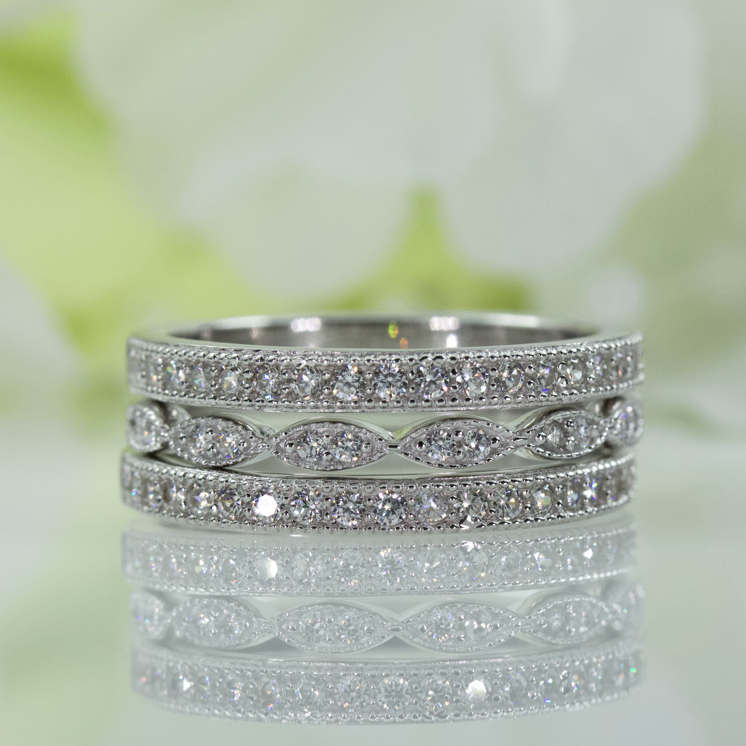 Micropave Art Deco Style Three Rows Cubic Zirconia Wedding Band Ring Set In Sterling Silver Anniversary Ring Travel Ring DB100 108