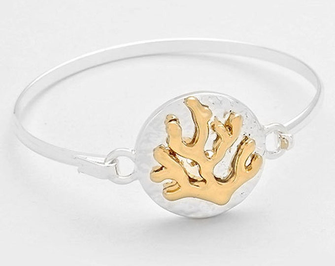Sea Life Coral Hammered Round Disk Silver And Gold Hook Bangle Bracelet, Thank You, Birthday Gift, Graduations Gift