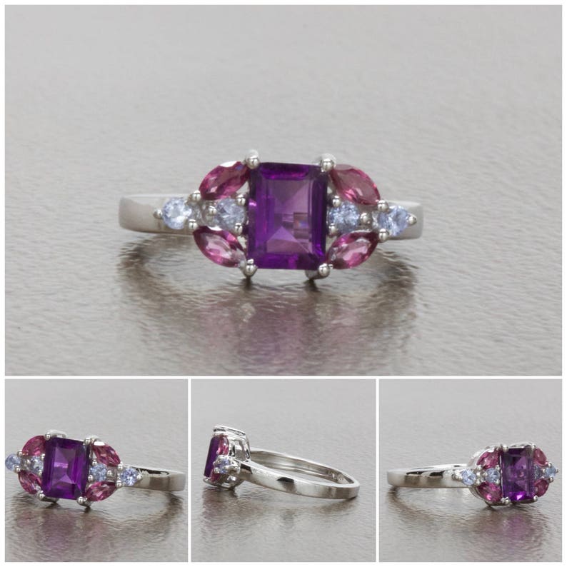Rhodolite And Tanzanite Ring In Sterling Silver Promise Ring Beautiful Natural Amethyst Anniversary Ring Birthday Gift Engagement Ring