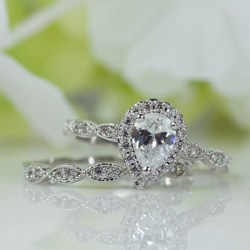Sterling Silver Ring/pear Shaped Cubic Zirconia Engagement Etsy
