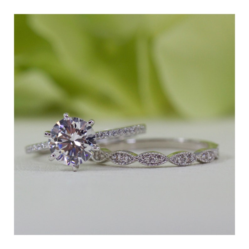 1.50 Ct Six-prongs Round And Micropav\u00e9 Art Deco Style Band Fine Quality Cubic Zirconia Engagement Set In Sterling #104-108