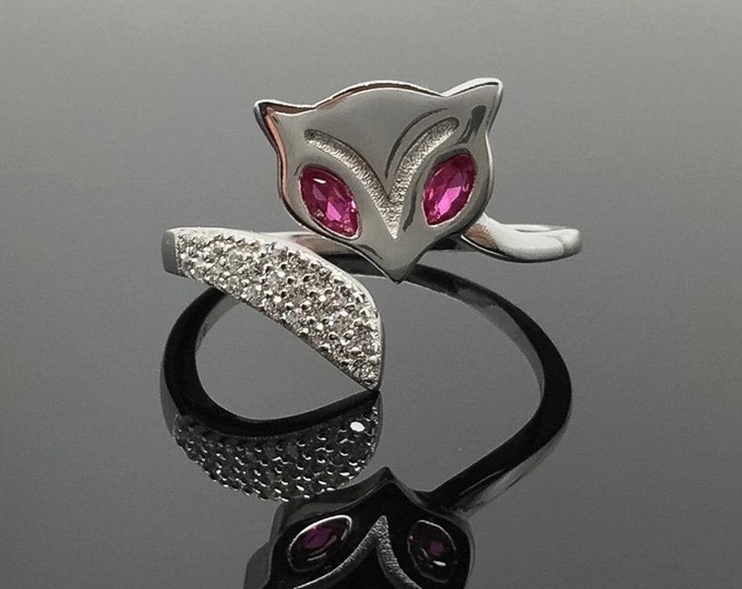 Very Cute Fox Ruby Red Fine Quality Cubic Zirconia Adjustable Ring in Sterling Silver, Birthday Gift, Thank You Gift