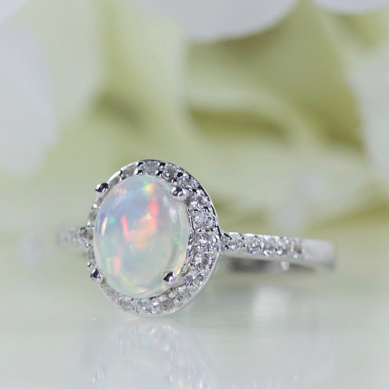 Engagement Ring Anniversary Ring 1.25 Carat Oval Cabochon Natural Ethiopian Opal And White Topaz Halo Ring Sterling Silver