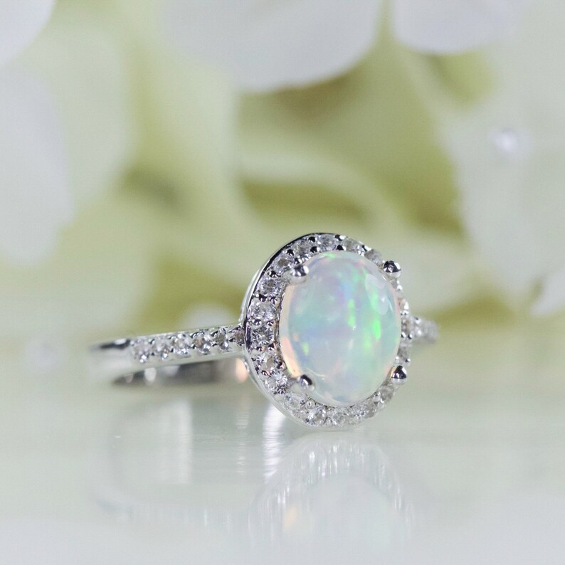 Engagement Ring Anniversary Ring 1.25 Carat Oval Cabochon Natural Ethiopian Opal And White Topaz Halo Ring Sterling Silver