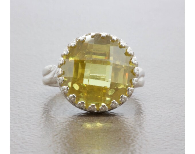 5.00 Carat Yellow Vivid Fine Quality Cubic Zirconia Checkerboard Cut Cocktail Ring in Sterling Silver, Birthday Gift, Thank You Gift