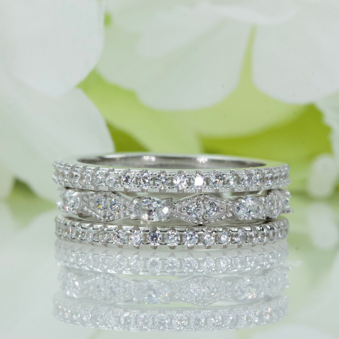 Three Rows Design Paved Sterling Silver Band
