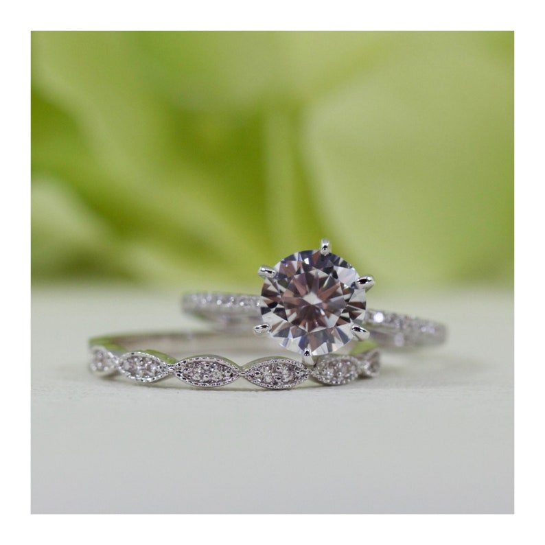 1.50 Ct Six-prongs Round And Micropav\u00e9 Art Deco Style Band Fine Quality Cubic Zirconia Engagement Set In Sterling #104-108