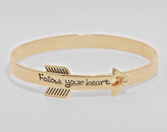 Beautiful "Follow Your Heart" Arrow Gold-Plated, Silver-Plated Bangle Bracelet, Thank You Gift, Birthday Gift, Graduations Gift  | B003