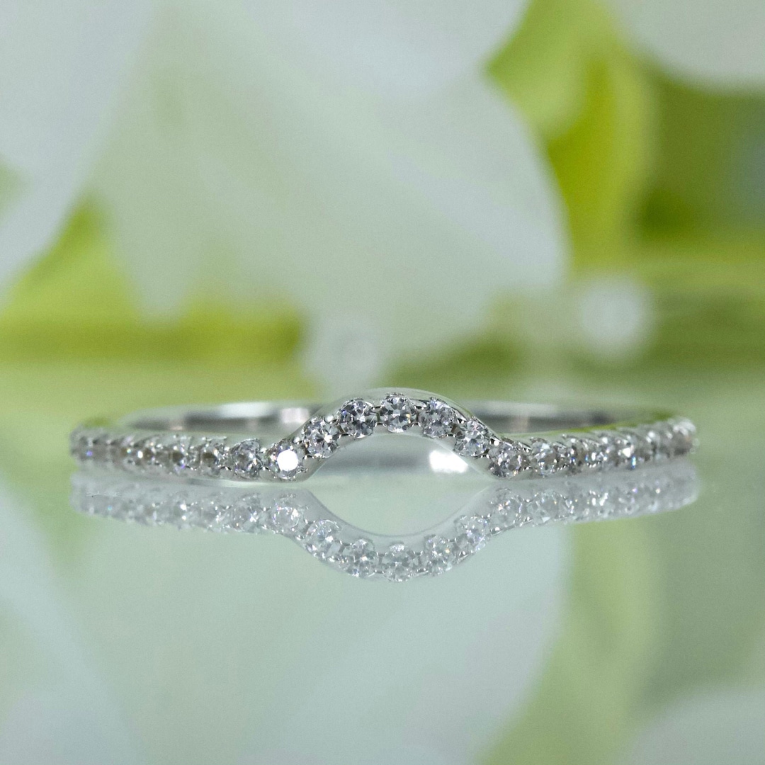 LaszloV Curved Wedding Band – AAA CZ In Sterling Silver, White Gold Finish