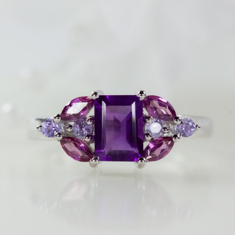 Rhodolite And Tanzanite Ring In Sterling Silver Promise Ring Beautiful Natural Amethyst Anniversary Ring Birthday Gift Engagement Ring