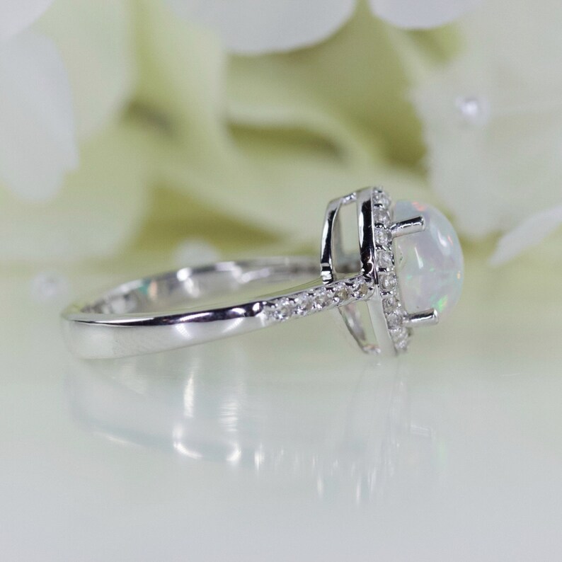 Engagement Ring Anniversary Ring 1.25 Carat Oval Cabochon Natural Ethiopian Opal And White Topaz Halo Ring Sterling Silver