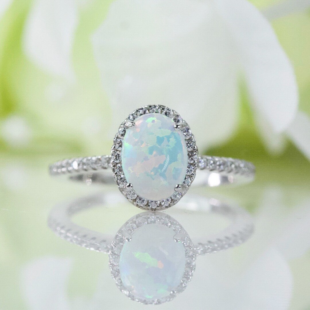 Halo Oval Cabochon Lab-created White Opal Ring in Sterling - Etsy