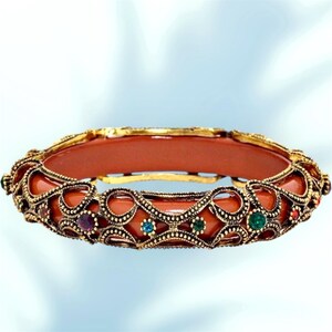 Crystal Accented Filigree Floral Tube Antique Gold-Plated Bangle Bracelet, Thank You Gift, Birthday Gift, Travel Jewelry | B017