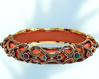 Crystal Accented Filigree Floral Tube Antique Gold-Plated Bangle Bracelet, Thank You Gift, Birthday Gift, Travel Jewelry | B017