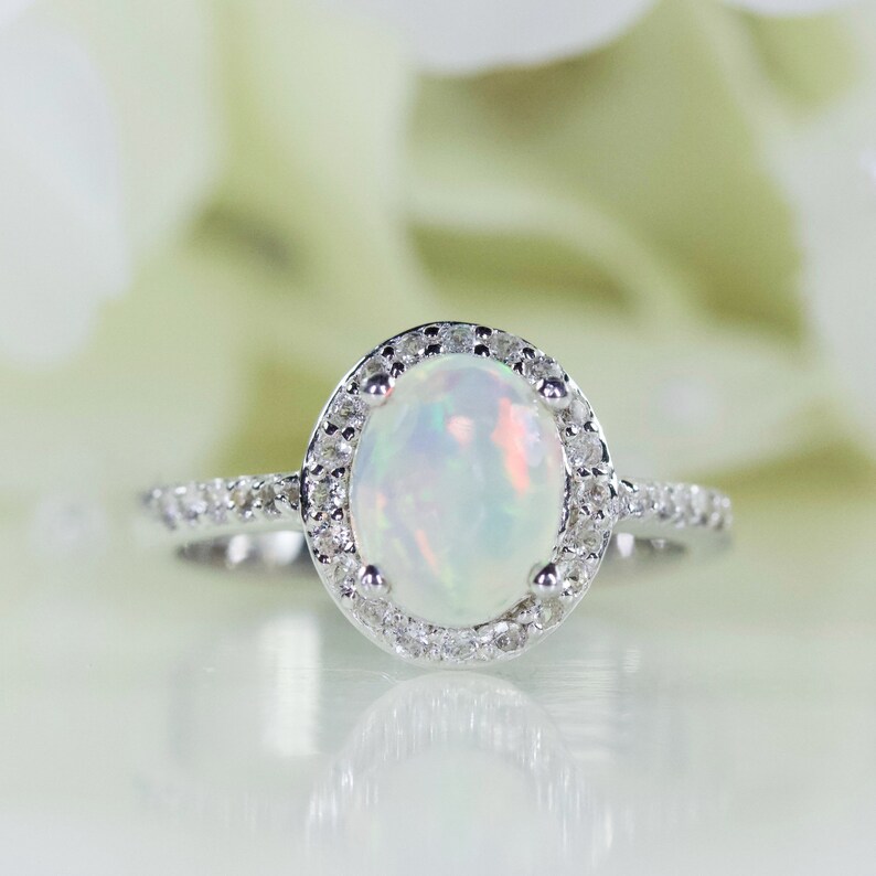 Engagement Ring Anniversary Ring 1.25 Carat Oval Cabochon Natural Ethiopian Opal And White Topaz Halo Ring Sterling Silver