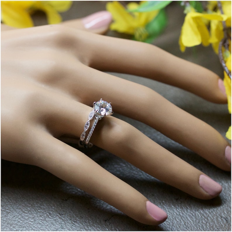 1.50 Ct Six-prongs Round And Micropav\u00e9 Art Deco Style Band Fine Quality Cubic Zirconia Engagement Set In Sterling #104-108