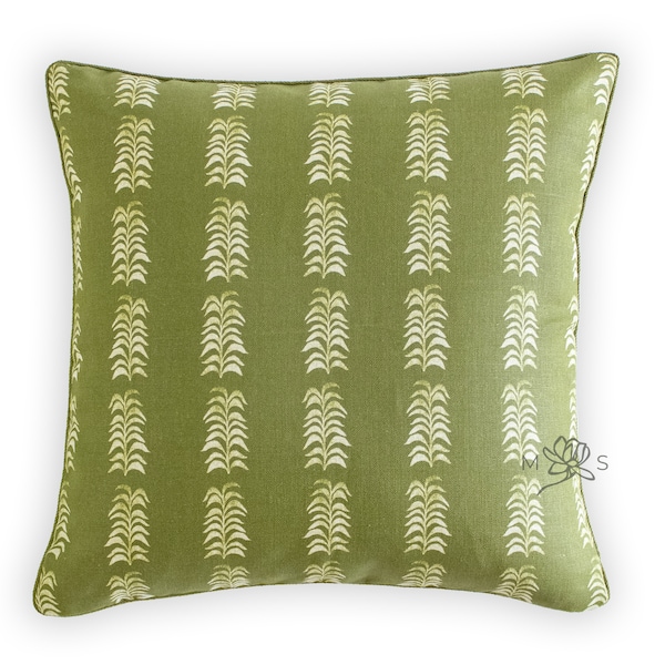 Custom Designer Linen Olive Green Botanical Reverse Block Print Throw Pillow Cover, Biloxi Pillow Cover, Jungle