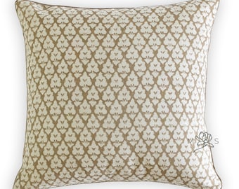 Custom Designer Linen Brown Reverse Block Floral Print Throw Pillow Cover, Tribbett Pillow Cover