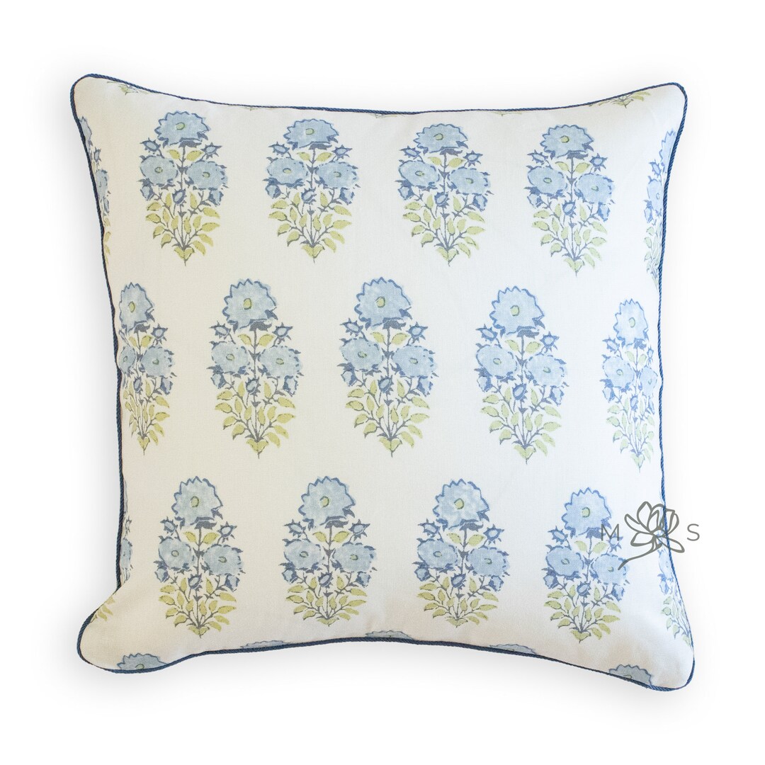 Custom Designer Linen Blue Floral Block Print Throw Pillow Cover